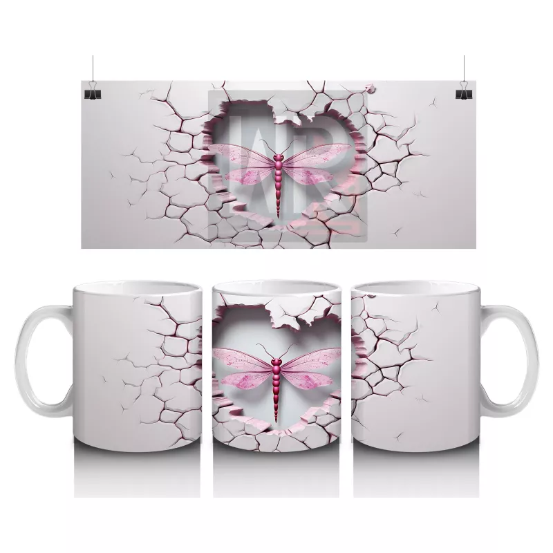 Kalp Şeklinde Çatlakta Pembe Yusufçuk İllüstrasyonu – Baskılı Kahve Kupası