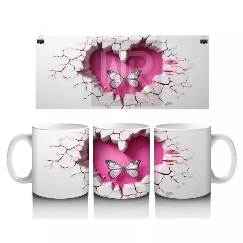 Kalp Şeklinde Çatlakta Uçan Çift Pembe Kelebek – Baskılı Kahve Kupası