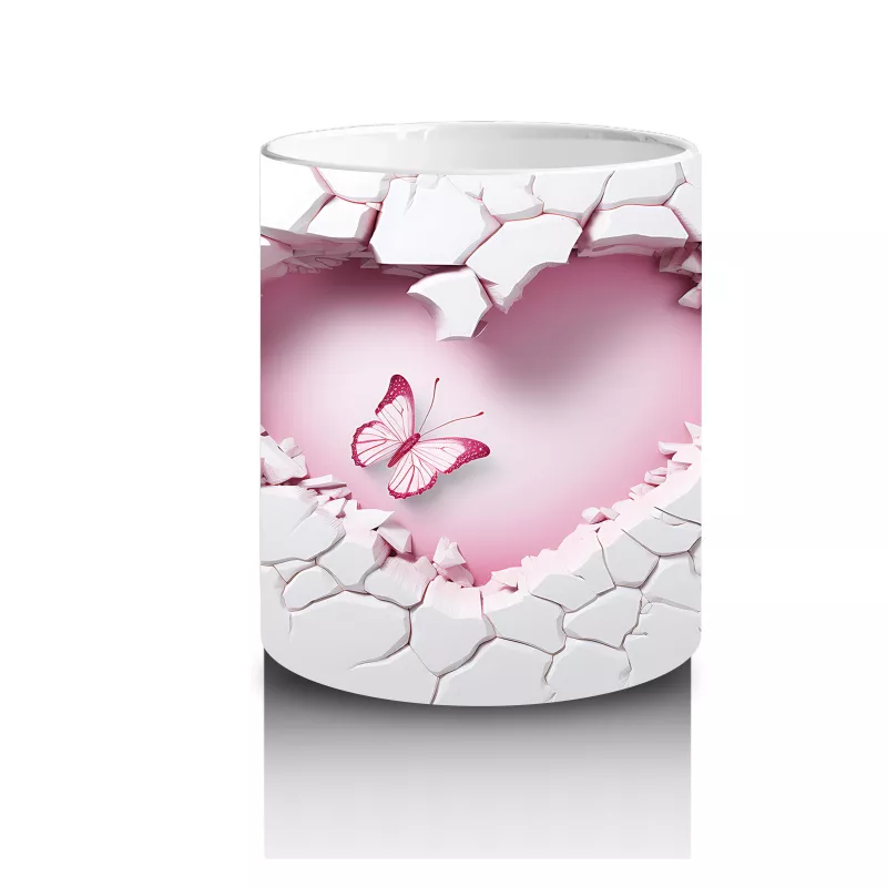 Kalp Şeklinde Duvar Kırığında Pembe Tema Kelebek – Baskılı Kahve Kupası - 3