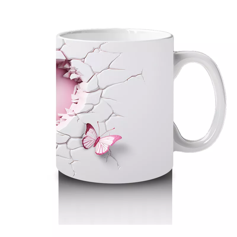 Kalp Şeklinde Duvar Kırığında Pembe Tema Kelebek – Baskılı Kahve Kupası - 4