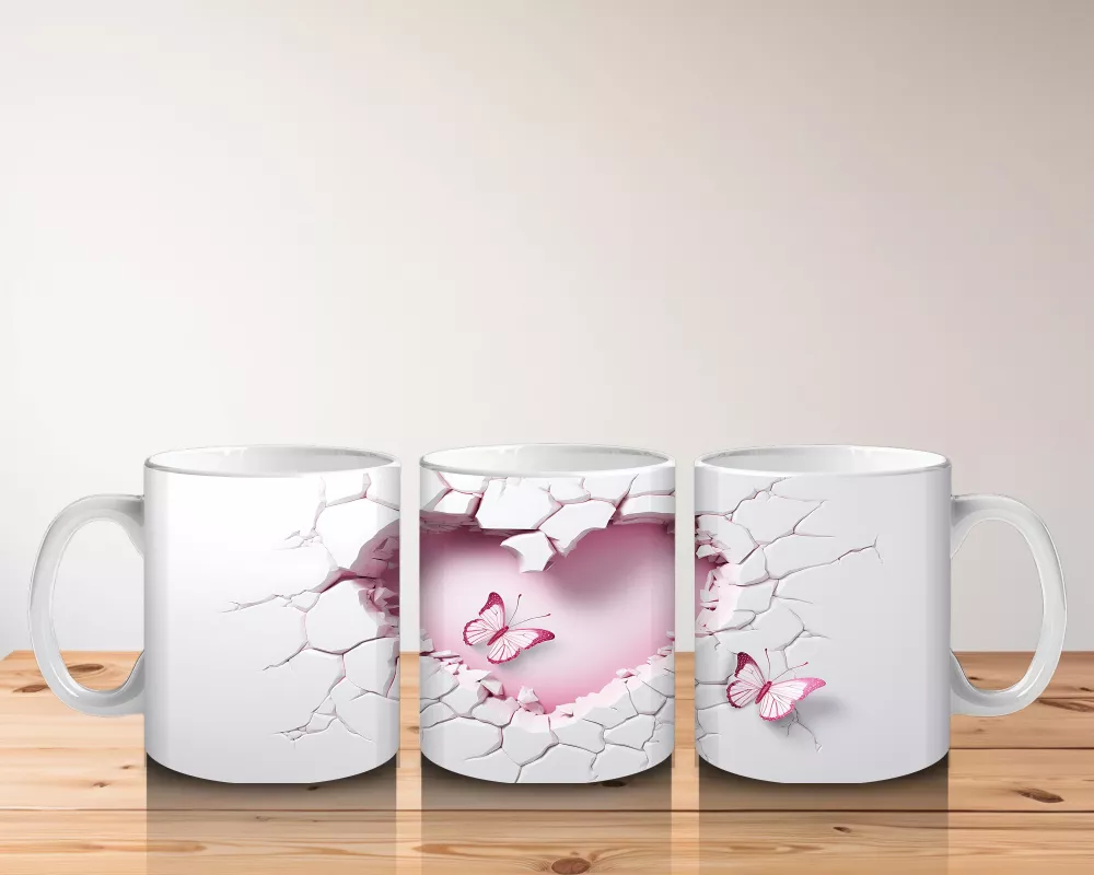Kalp Şeklinde Duvar Kırığında Pembe Tema Kelebek – Baskılı Kahve Kupası - 5