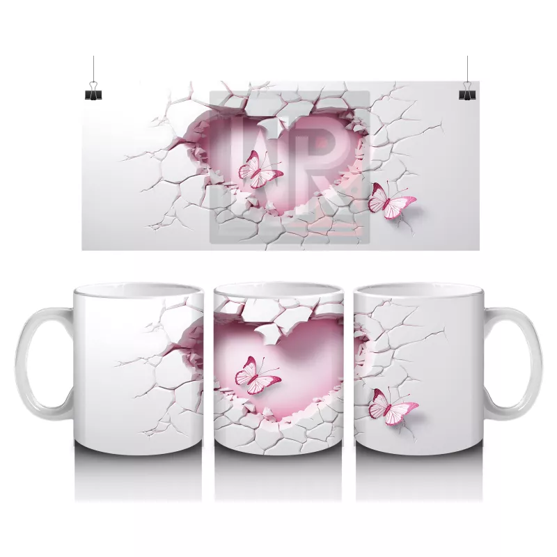 Kalp Şeklinde Duvar Kırığında Pembe Tema Kelebek – Baskılı Kahve Kupası