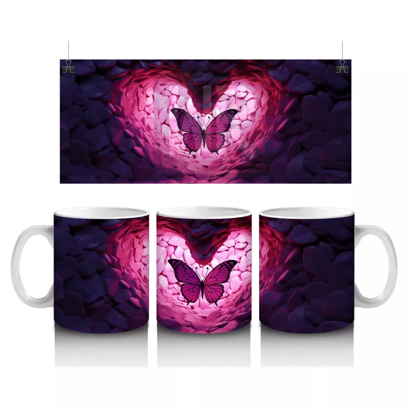 Kalp Şeklinde Işıltılı Taşlar Arasında Kelebek – Baskılı Kahve Kupası