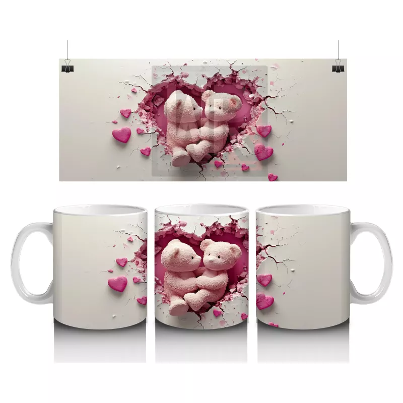 Kalp Şeklinde Peluş Oyuncak Çifti – Baskılı Kahve Kupası