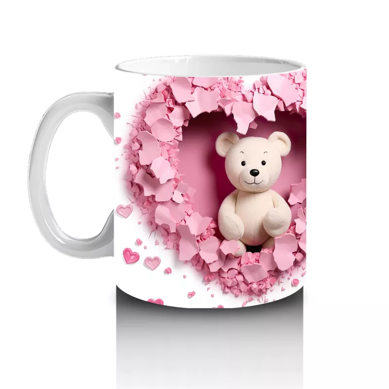 Kalp Şeklinde Pembe Arka Planda Ayıcık Çifti – Baskılı Kahve Kupası - 2