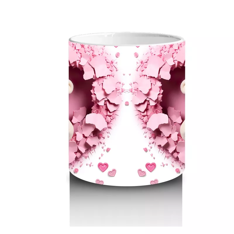 Kalp Şeklinde Pembe Arka Planda Ayıcık Çifti – Baskılı Kahve Kupası - 3