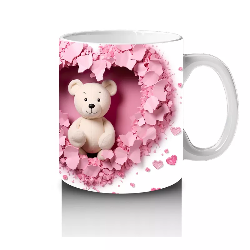 Kalp Şeklinde Pembe Arka Planda Ayıcık Çifti – Baskılı Kahve Kupası - 4