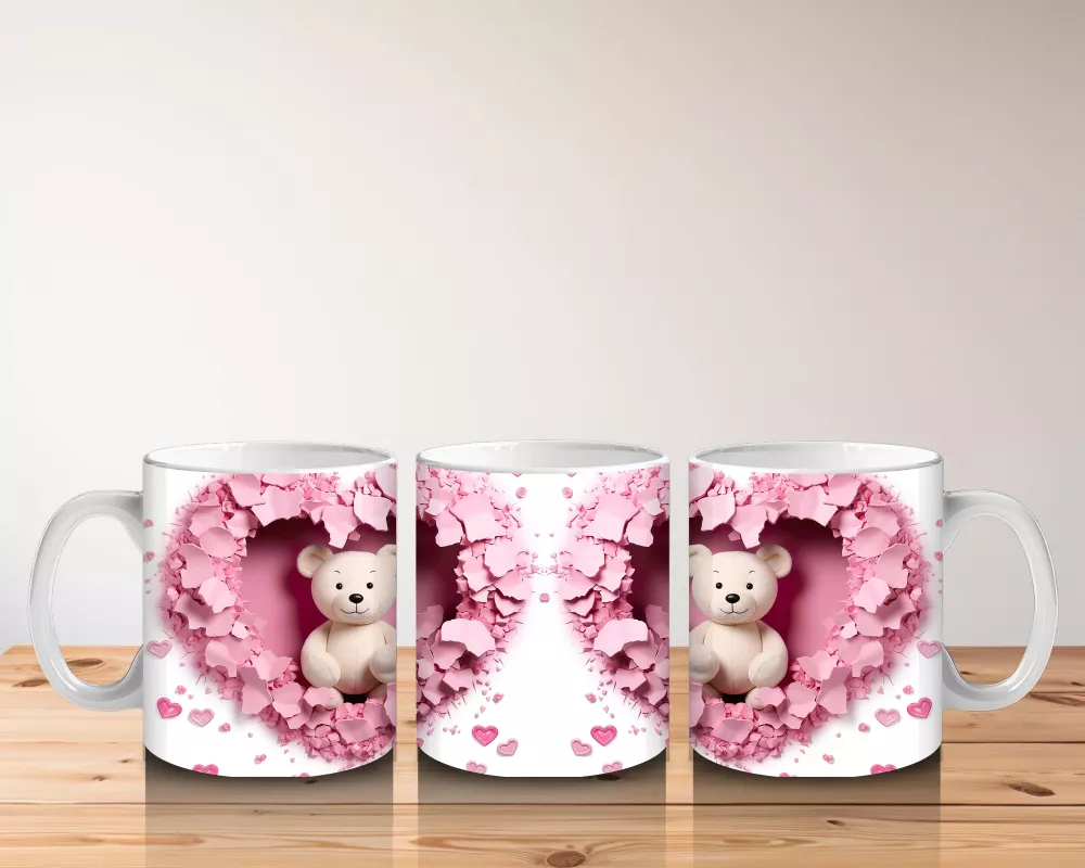 Kalp Şeklinde Pembe Arka Planda Ayıcık Çifti – Baskılı Kahve Kupası - 5