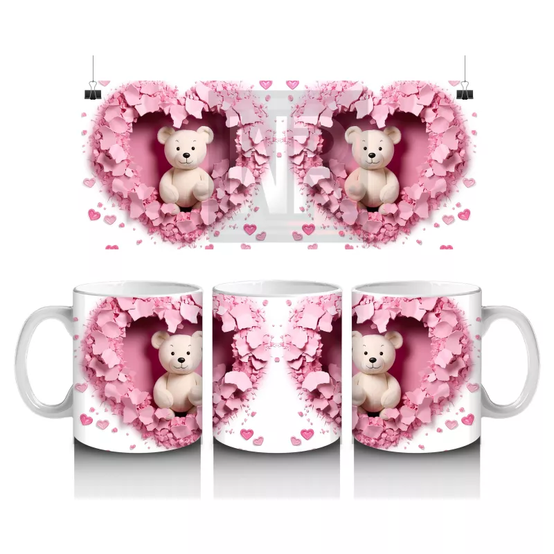 Kalp Şeklinde Pembe Arka Planda Ayıcık Çifti – Baskılı Kahve Kupası