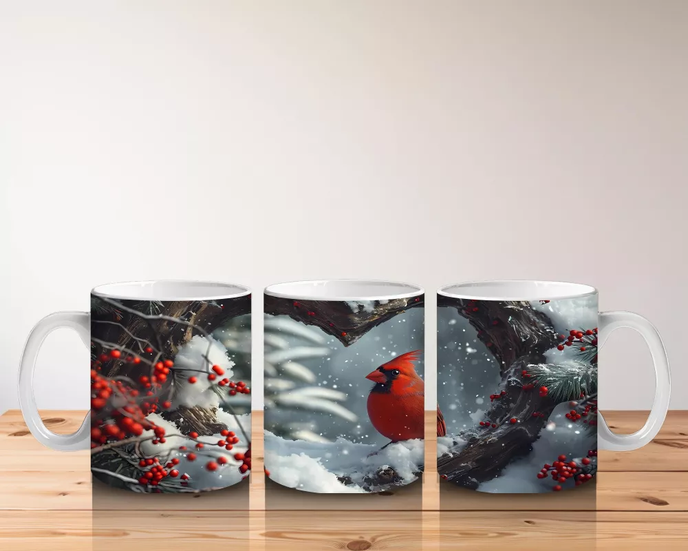 Kalp Şeklindeki Ağaç Kovuklarında Kırmızı Kardinal – Baskılı Kahve Kupası - 5