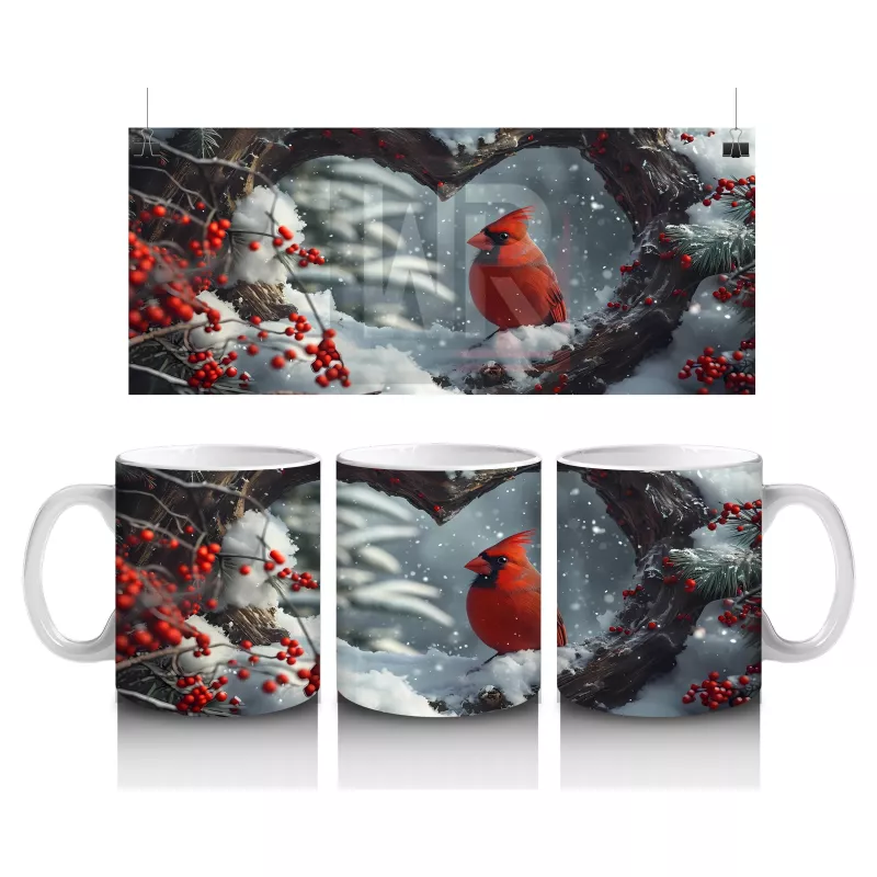 Kalp Şeklindeki Ağaç Kovuklarında Kırmızı Kardinal – Baskılı Kahve Kupası