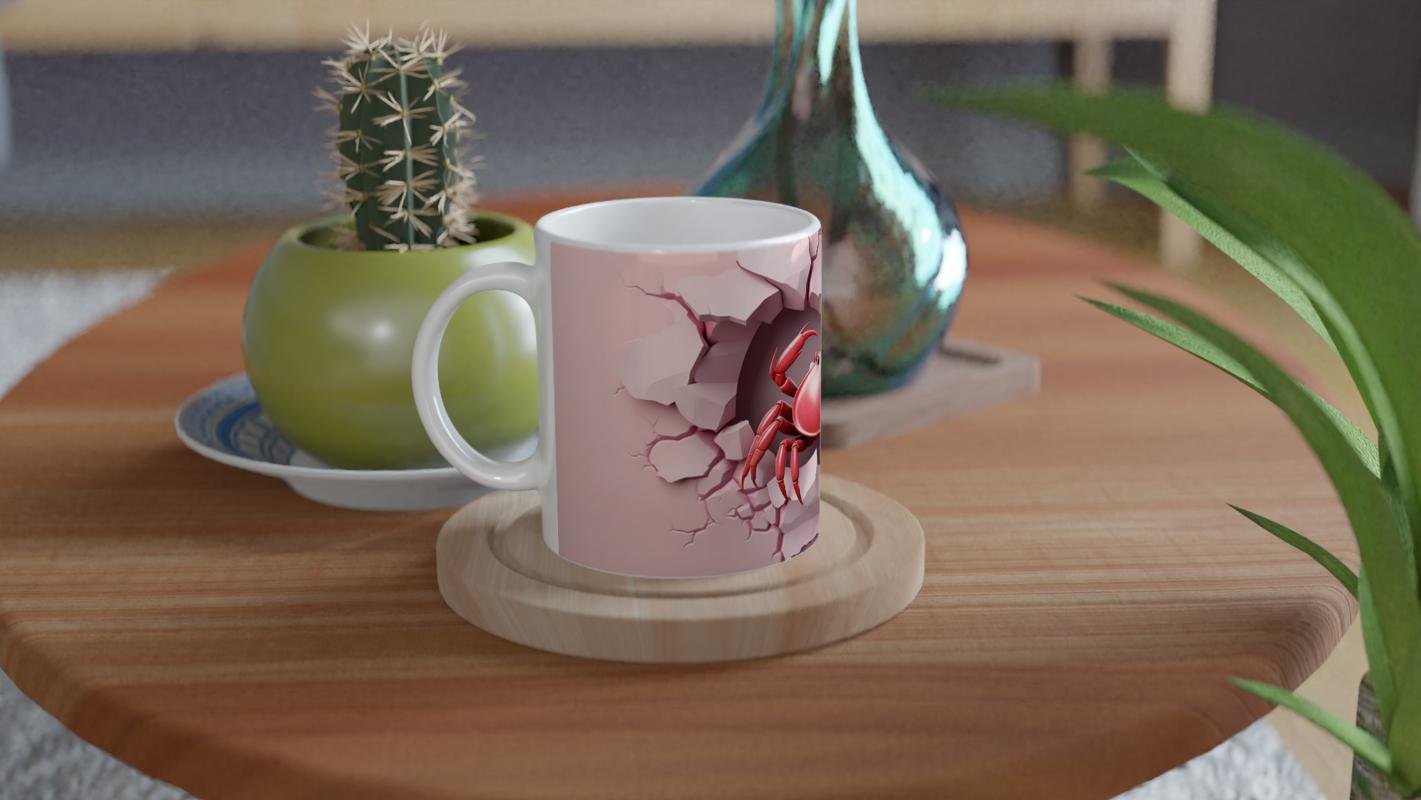 Kalp Şeklindeki Çatlak Duvar Arasından Bakan Yengeç Temalı Baskılı Kupa Bardak - 4