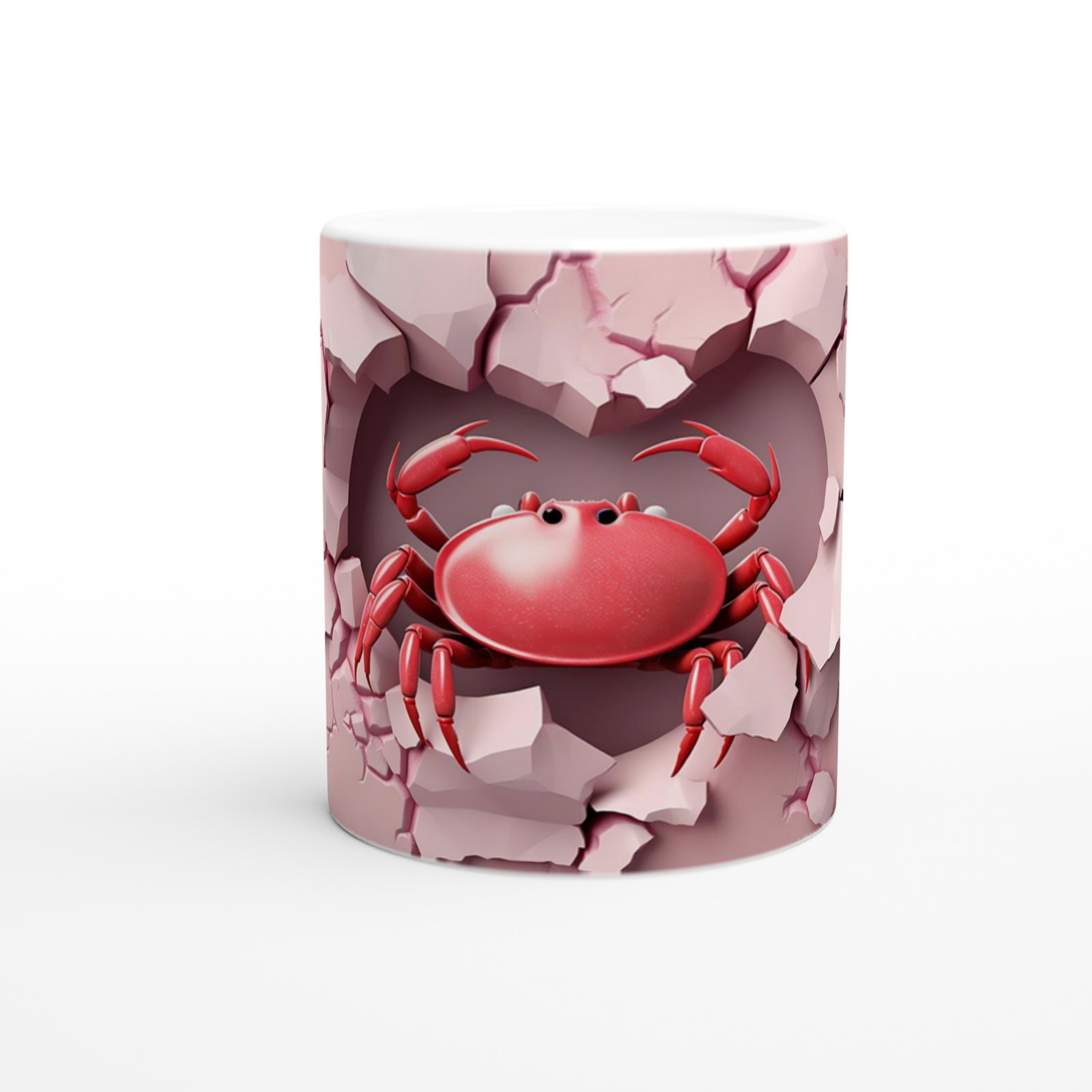 Kalp Şeklindeki Çatlak Duvar Arasından Bakan Yengeç Temalı Baskılı Kupa Bardak