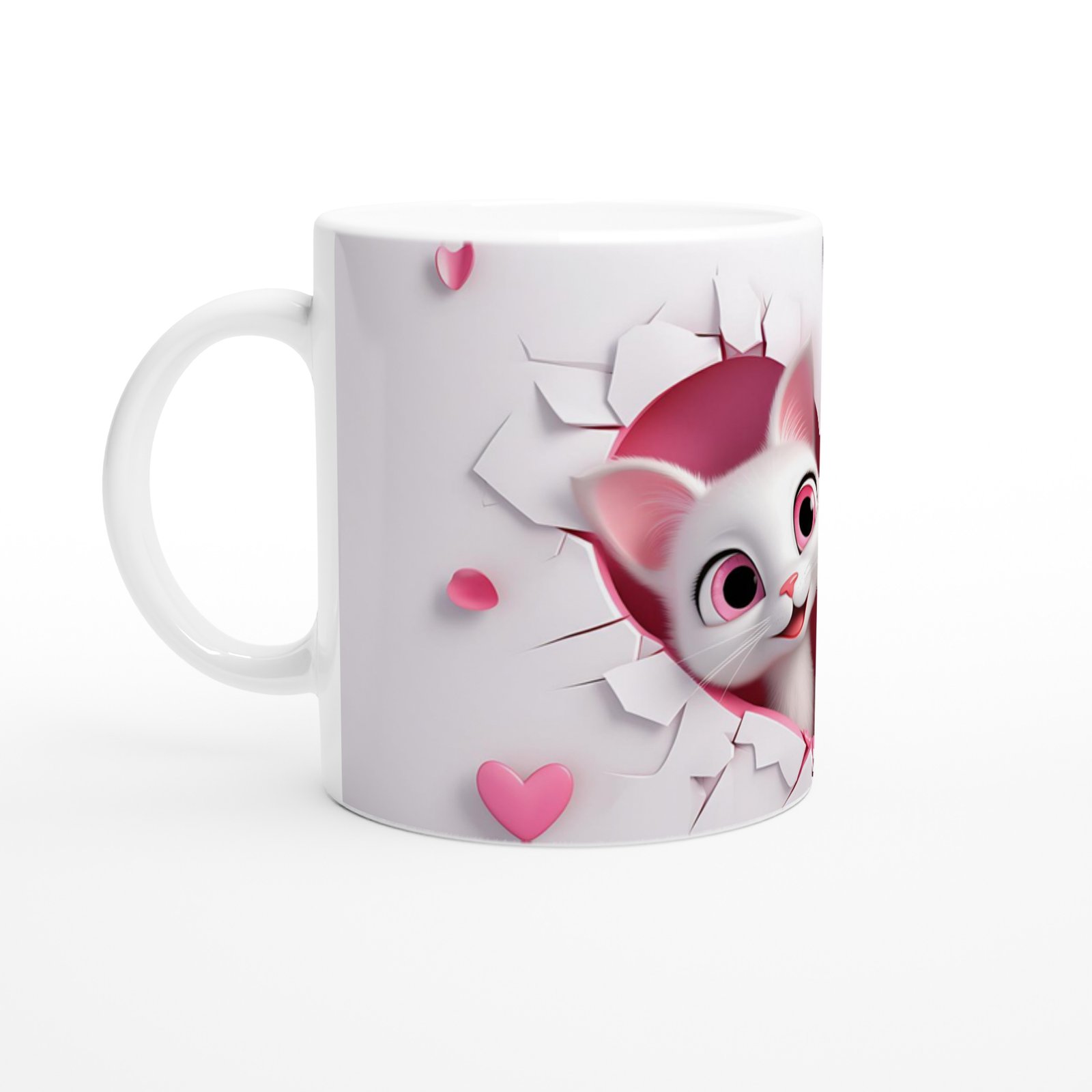 Kalp Şeklindeki Çatlak Duvarın Ardından Bakan Tatlı Kediler Temalı Baskılı Kupa Bardak - 2