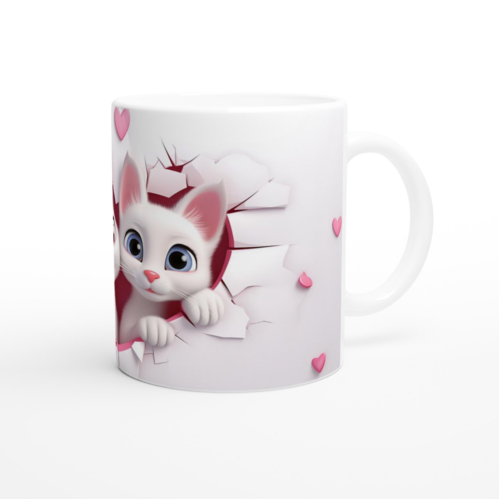 Kalp Şeklindeki Çatlak Duvarın Ardından Bakan Tatlı Kediler Temalı Baskılı Kupa Bardak - 3