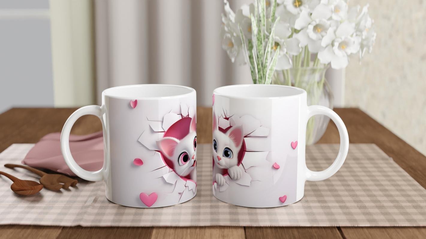 Kalp Şeklindeki Çatlak Duvarın Ardından Bakan Tatlı Kediler Temalı Baskılı Kupa Bardak - 5