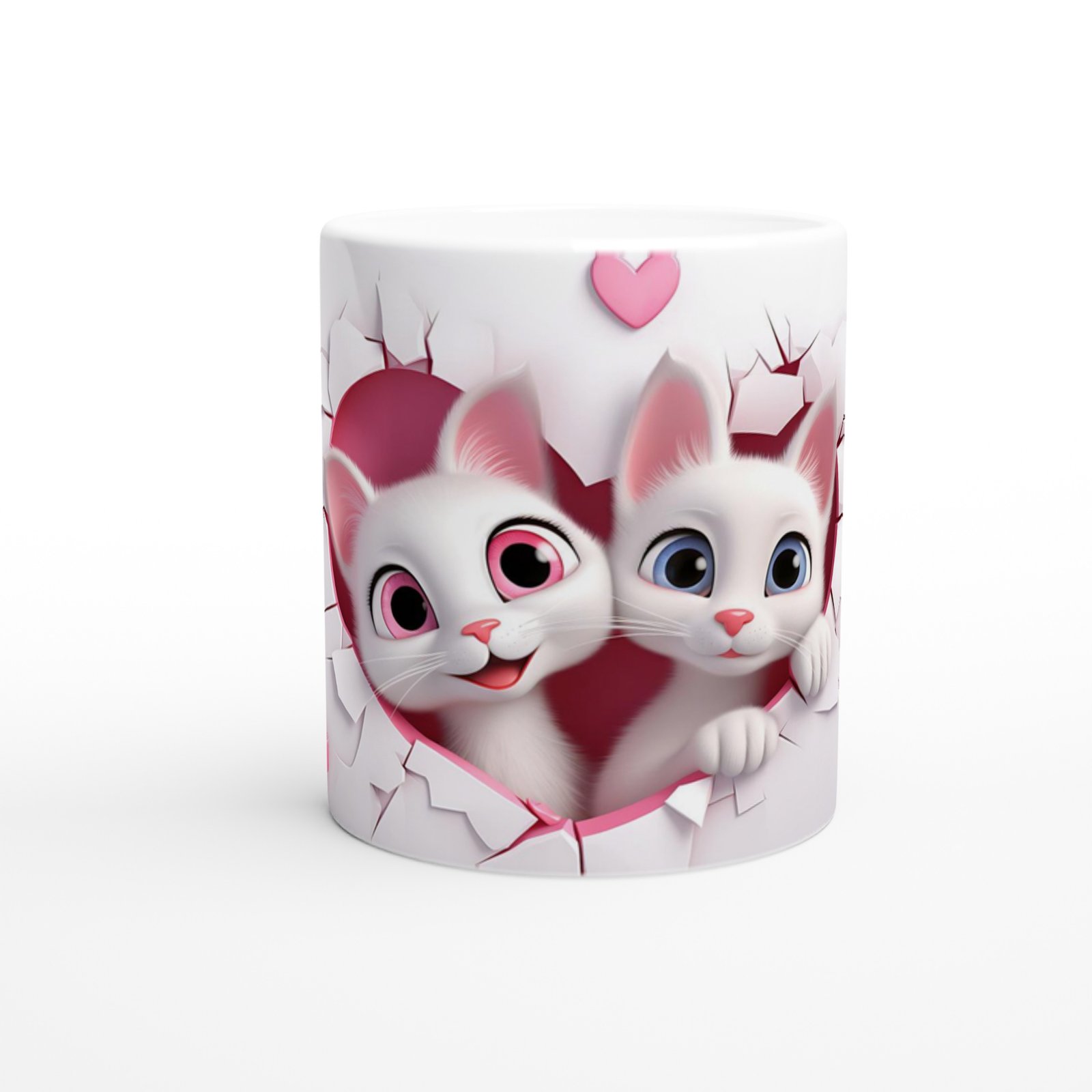 Kalp Şeklindeki Çatlak Duvarın Ardından Bakan Tatlı Kediler Temalı Baskılı Kupa Bardak