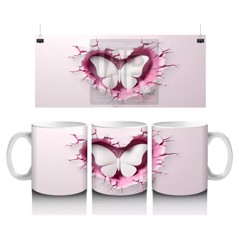 Kalp Şeklindeki Çatlak Zeminden Uçan Beyaz Kelebek - Baskılı kahve kupası