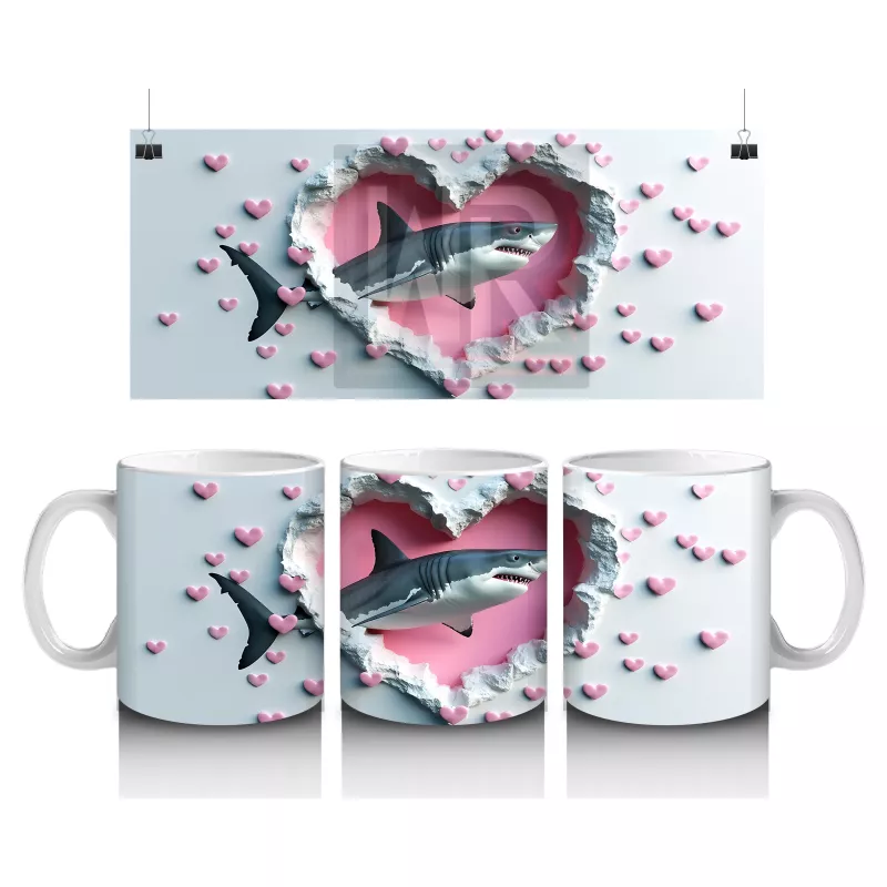 Kalp Şeklindeki Çatlaktan Bakan Sevimli Köpek Balığı – Baskılı Kahve Kupası