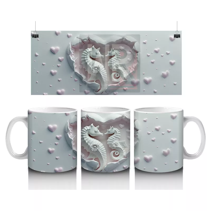 Kalp Şeklindeki Oyukta İkili Denizatı Kabartma Deseni - Baskılı kahve kupası