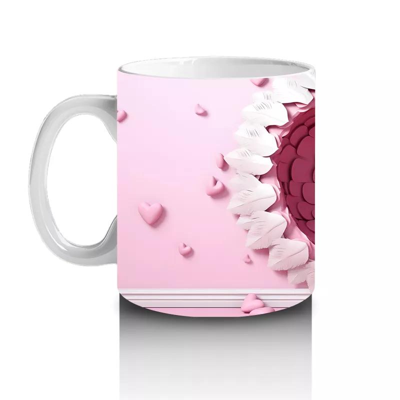 Kalp Şeklindeki Pembe Tüylerin İçinden Bakan Kuş – Baskılı Kahve Kupası - 2