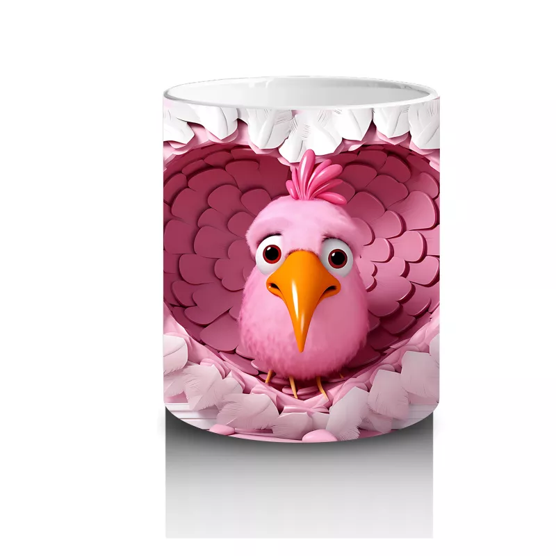 Kalp Şeklindeki Pembe Tüylerin İçinden Bakan Kuş – Baskılı Kahve Kupası - 3
