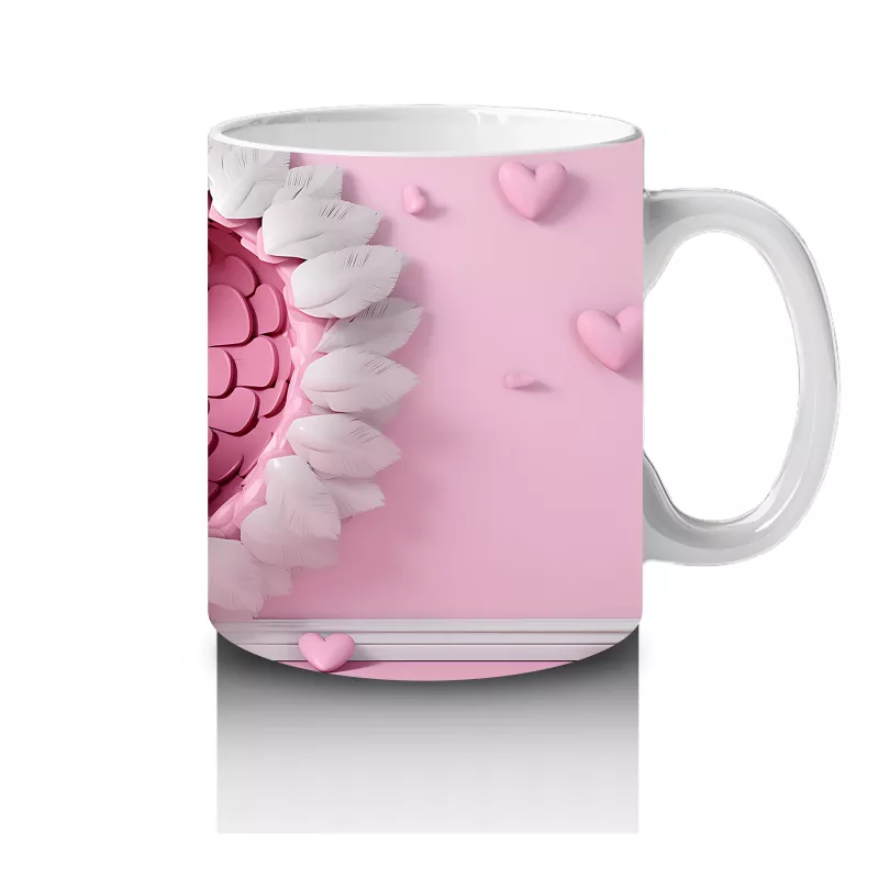Kalp Şeklindeki Pembe Tüylerin İçinden Bakan Kuş – Baskılı Kahve Kupası - 4