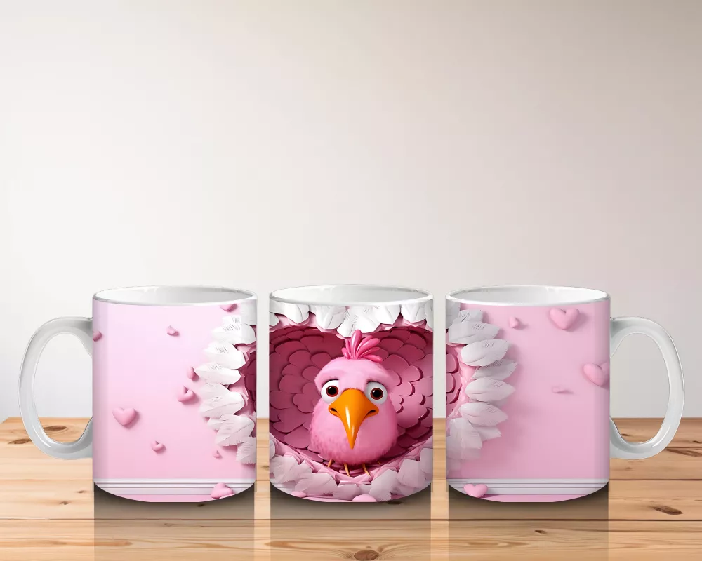 Kalp Şeklindeki Pembe Tüylerin İçinden Bakan Kuş – Baskılı Kahve Kupası - 5