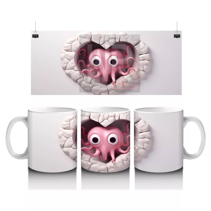 Kalp Şeklindeki Yumuşak Çerçevede Pembe Ahtapot – Baskılı Kahve Kupası