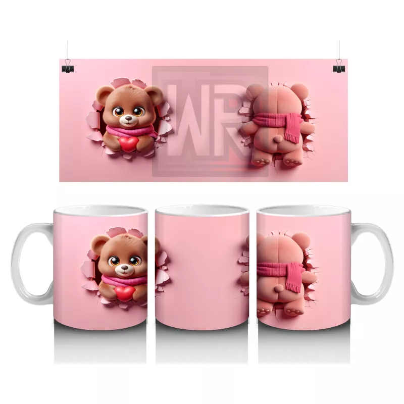 Kalp Tutan Ayıcık Maskot ve Arka Görünümü – Baskılı Kahve Kupası