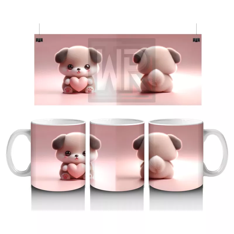 Kalp Tutan Sevimli Peluş Köpek Figürü - Baskılı kahve kupası