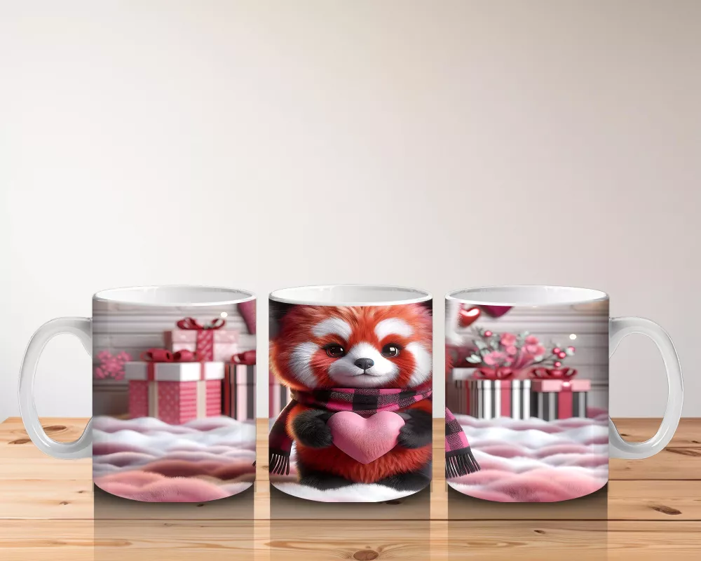 Kalp Tutarken Gülümseyen Kırmızı Panda – Baskılı Kahve Kupası - 5
