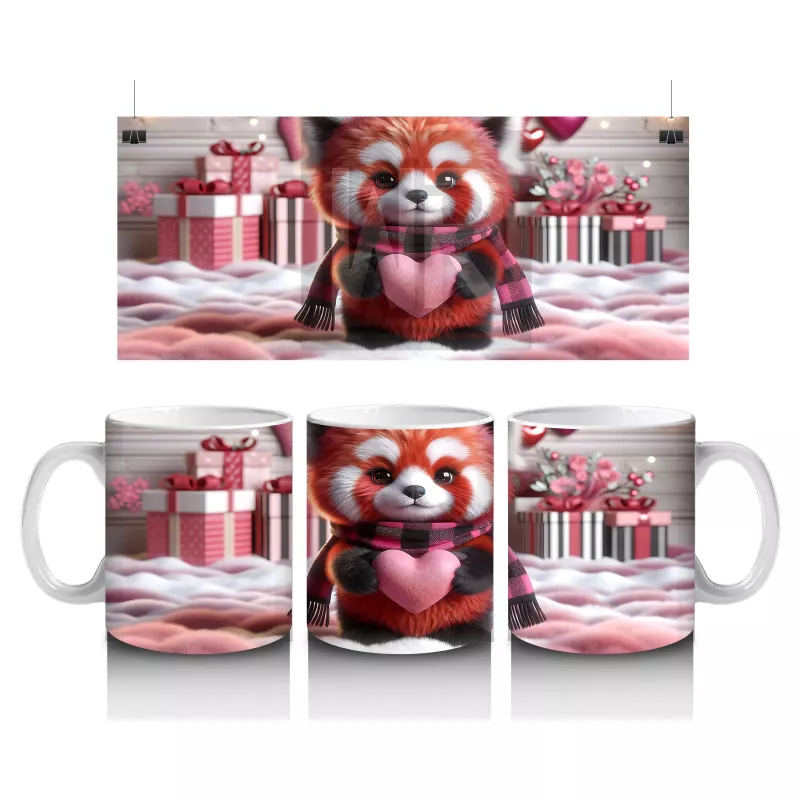 Kalp Tutarken Gülümseyen Kırmızı Panda – Baskılı Kahve Kupası