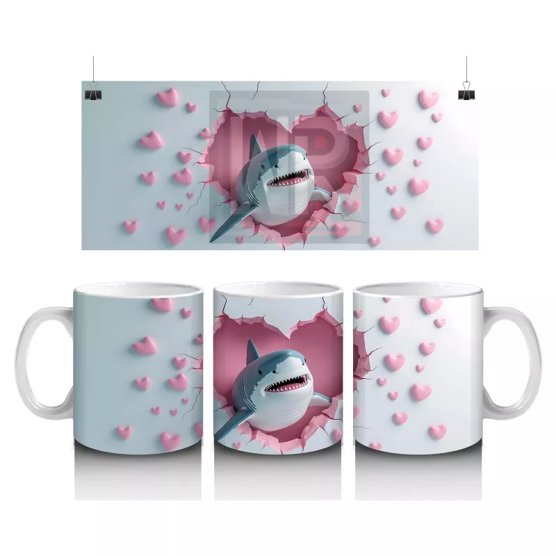 Kalp Yağmuru Altında Gülümseyen Köpek Balığı – Baskılı Kahve Kupası