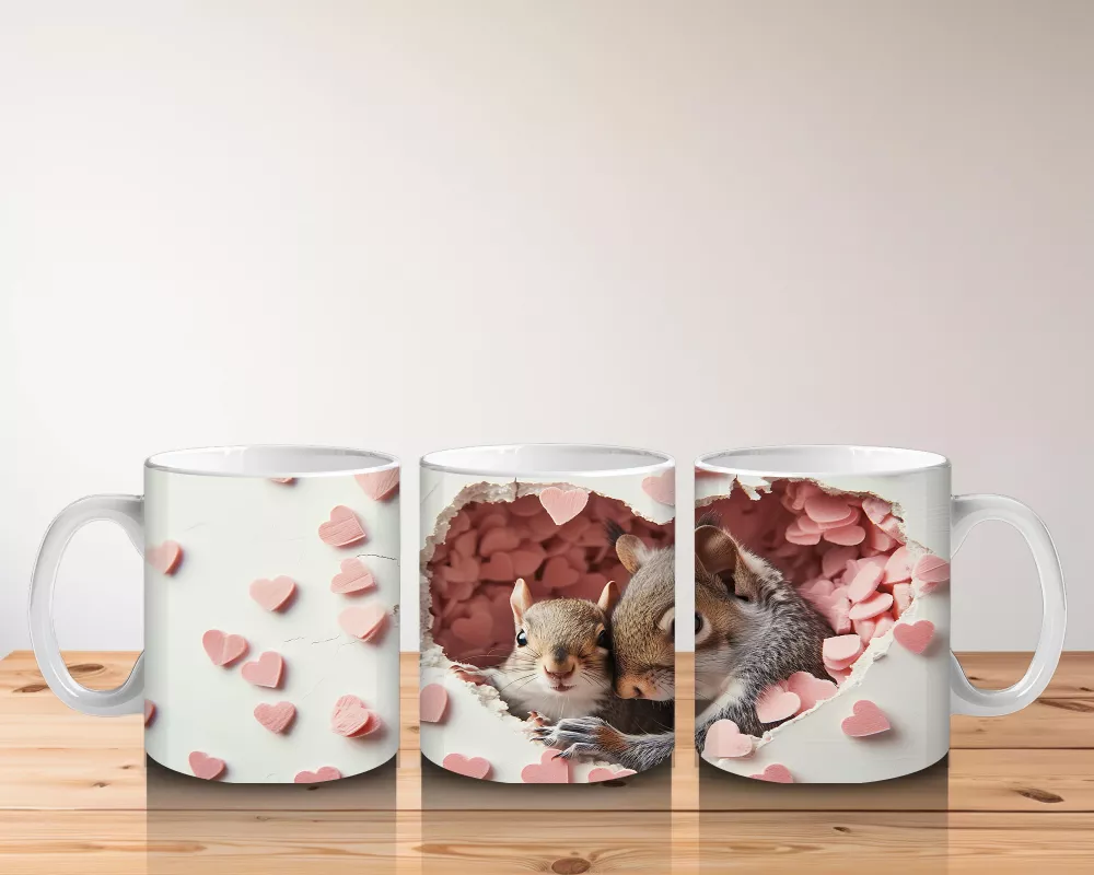 Kalp Yağmuru Altında Sevimli Sincap Ailesi– Baskılı Kahve Kupası - 5