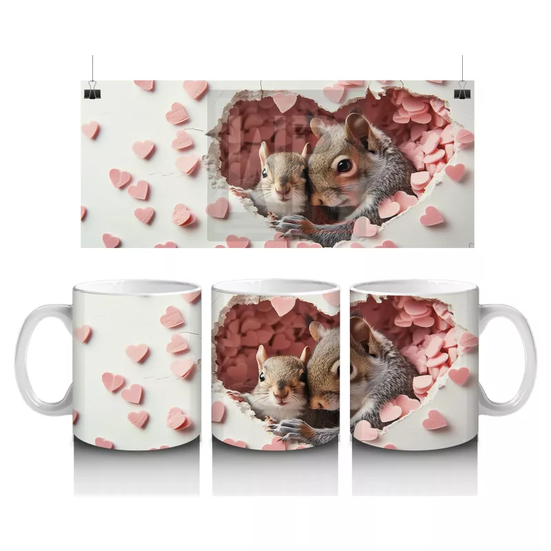 Kalp Yağmuru Altında Sevimli Sincap Ailesi– Baskılı Kahve Kupası
