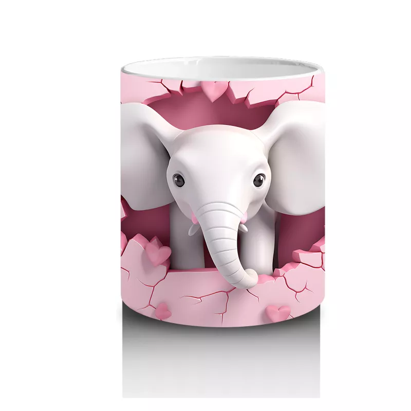 Kalplerle Süslenmiş Çatlak Zeminden Bakan Fil Tasarımı - Baskılı kahve kupası - 3