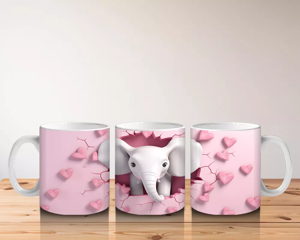 Kalplerle Süslenmiş Çatlak Zeminden Bakan Fil Tasarımı - Baskılı kahve kupası - 5