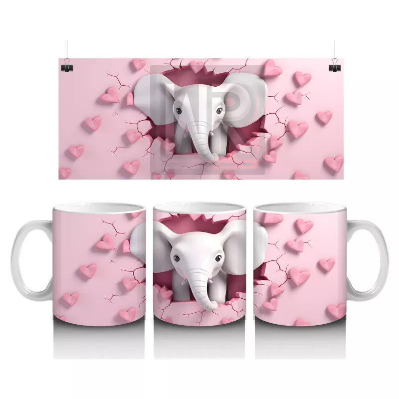 Kalplerle Süslenmiş Çatlak Zeminden Bakan Fil Tasarımı - Baskılı kahve kupası