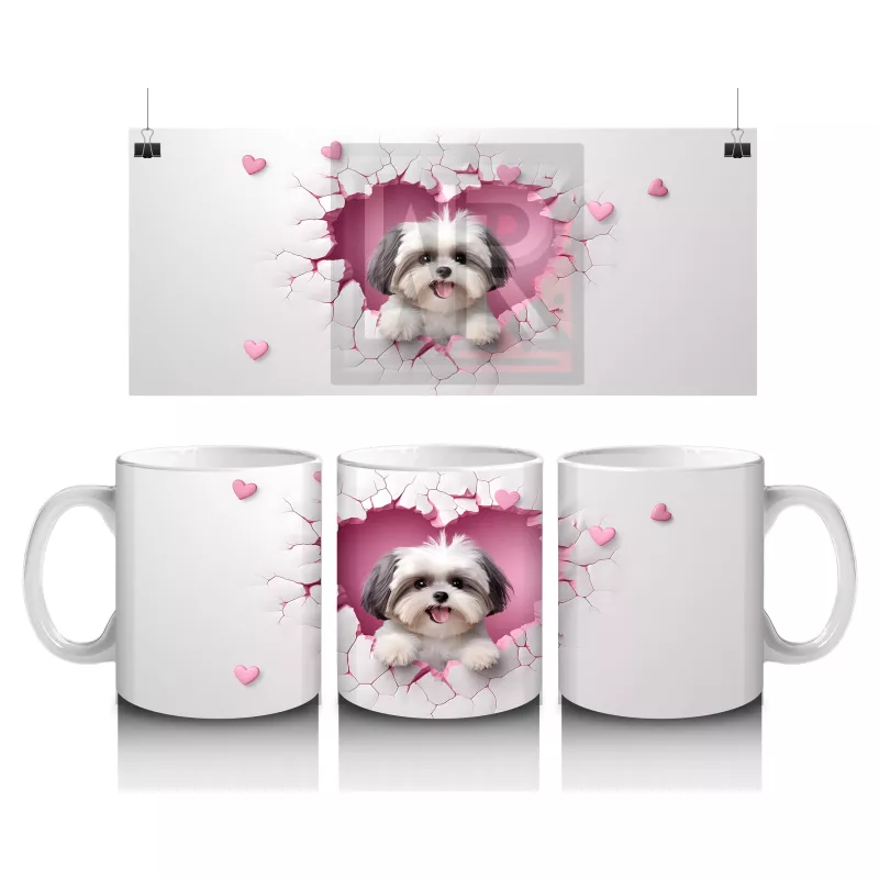 Kalplerle Süslenmiş Çatlakta Bembeyaz Köpek – Baskılı Kahve Kupası