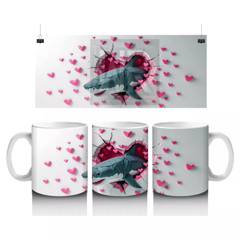 Kalplerle Süslenmiş Duvar Arasında Mavi Köpekbalığı - Baskılı kahve kupası