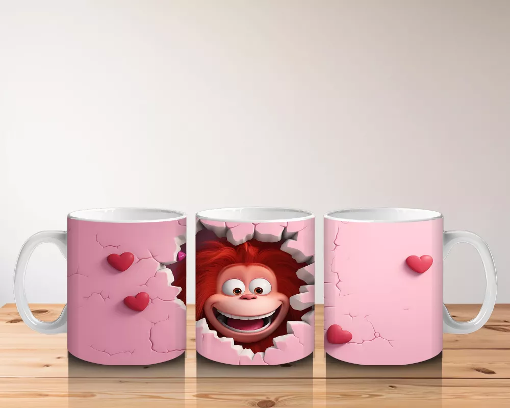 Kalplerle Süslenmiş Duvarı Delen Maymun – Baskılı Kahve Kupası - 5