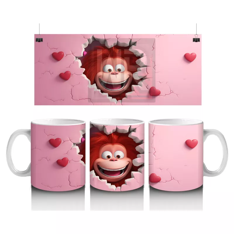 Kalplerle Süslenmiş Duvarı Delen Maymun – Baskılı Kahve Kupası