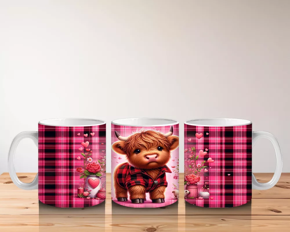 Kalplerle Süslenmiş Kareli Fon Önünde Tatlı Buzağı – Baskılı Kahve Kupası - 5