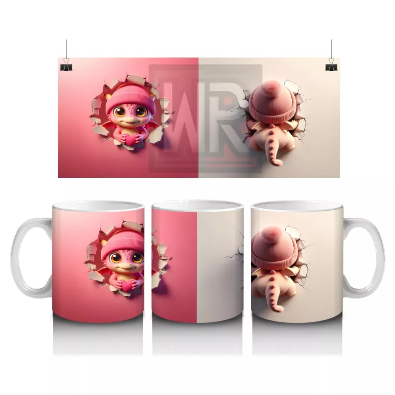 Kalplerle Süslenmiş Pembe Bere Takan Dinozor Yavrusu (Çift Görünüm) - Baskılı kahve kupası
