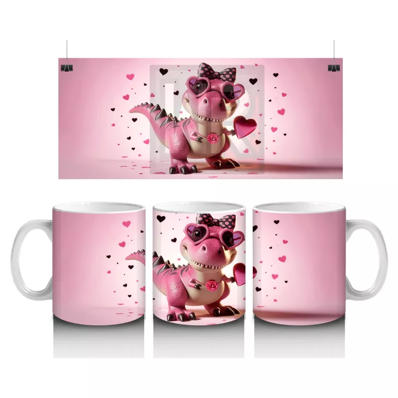 Kalplerle Süslenmiş Pembe Dinozor – Baskılı Kahve Kupası