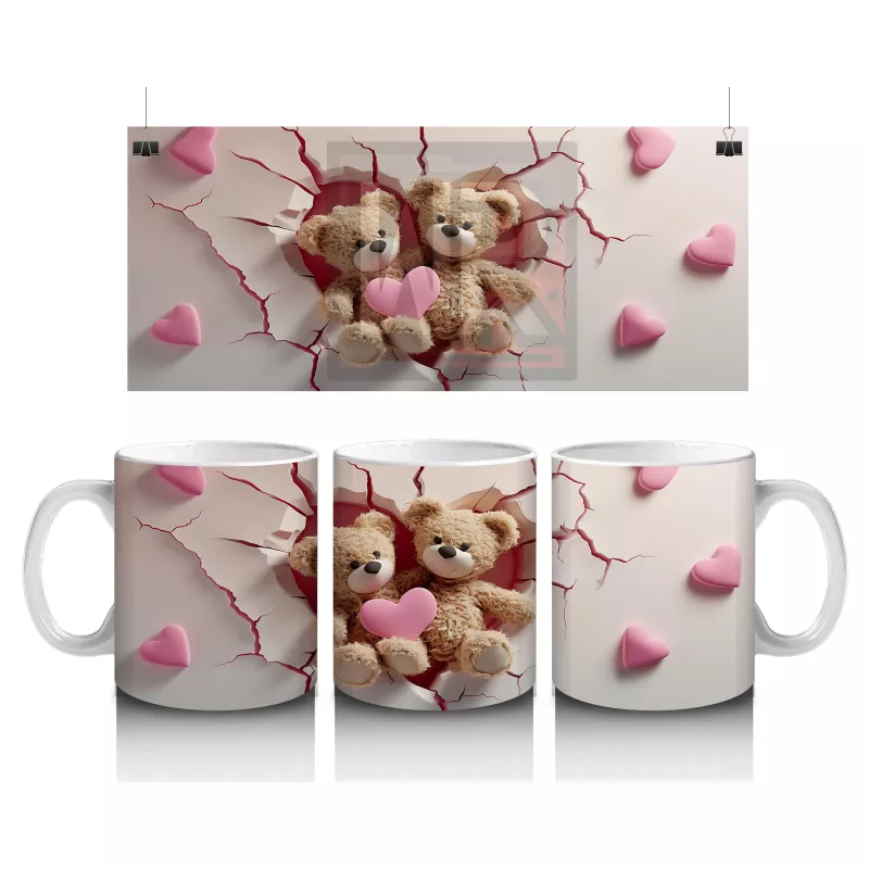 Kalplerle Süslenmiş Sarılan Ayıcıklar – Baskılı Kahve Kupası