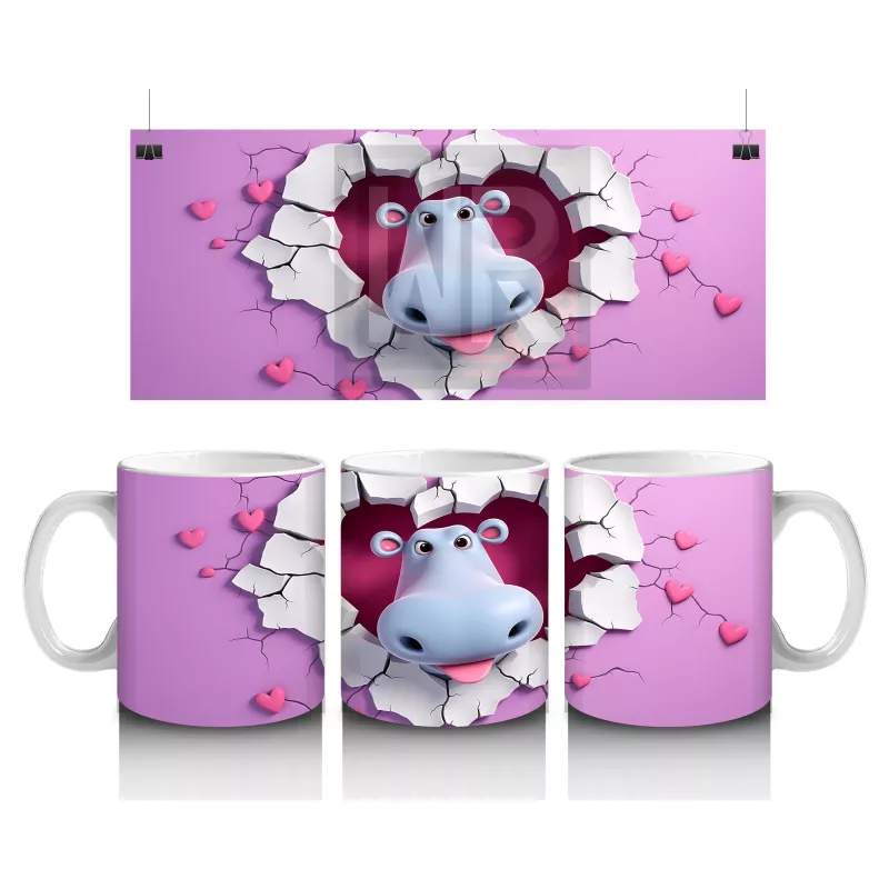 Kalplerle Süslenmiş Sevimli İnek Figürü - Baskılı Kahve Kupası