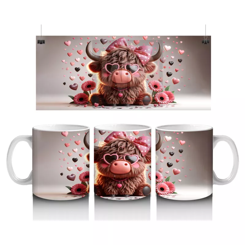 Kalplerle Süslenmiş Sevimli Pembe Kornalı Buzağı – Baskılı Kahve Kupası