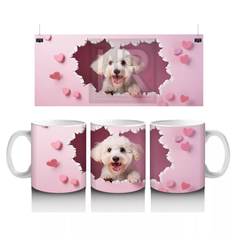 Kalpli Arka Planda Gülümseyen Sevimli Beyaz Köpek - Baskılı kahve kupası